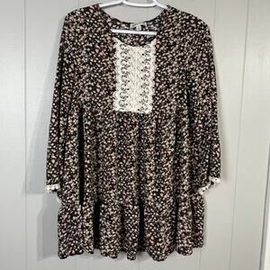 Tassels N Lace Tunic Top Women’s Small Black Floral Babydoll Boho Crochet Lace
